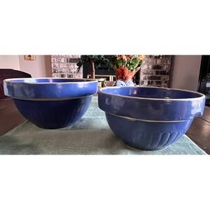 2 Vintage Beautiful Cobalt Blue Red Wing Stoneware 8 and 9 inch Ribbed Bowls